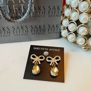 Saks Fifth Avenue Rhinestones Gold Bow Teardrop Earrings (NWOT) w/Saks Gift Bag